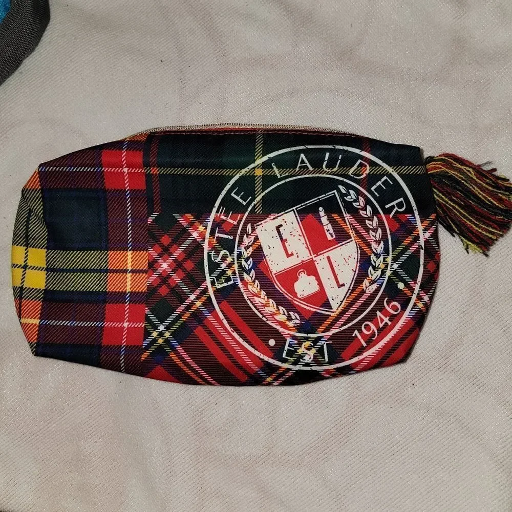 Estee Lauder Plaid Tartan Cosmetic Zipper Make Up Bag with Tassle & Big Logo